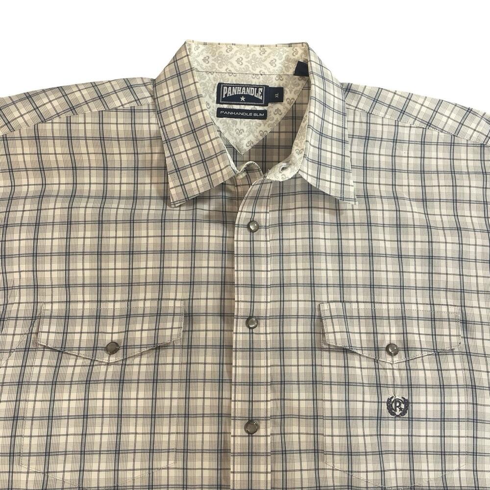 Panhandle Slim Short Sleeve Pearl Snap Shirt Men's XL White Plaid All Cotton
